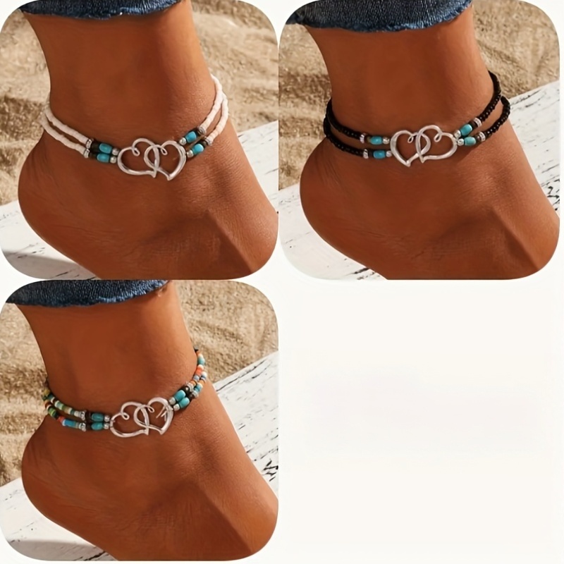 Boho Crystal Beaded Anklet Set - 3 Piece Elastic Ankle Bracelets